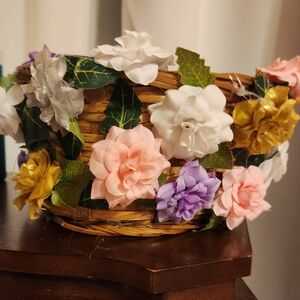 Decorated wicker basket with Spa items, rose soap and free gift.  Keepsake